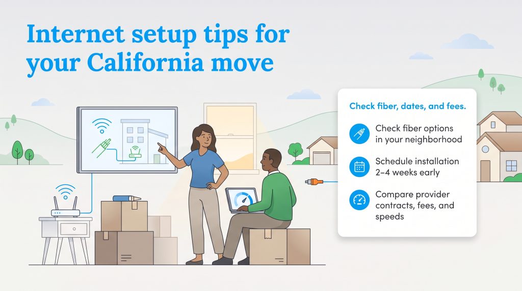 Illustration of a couple with moving boxes and a checklist for internet setup in California.