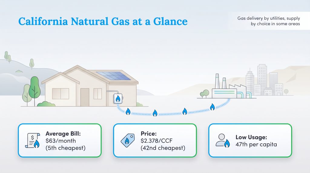 California natural gas stats: $63/mo avg bill, $2.378/CCF price, and 47th lowest per capita usage.