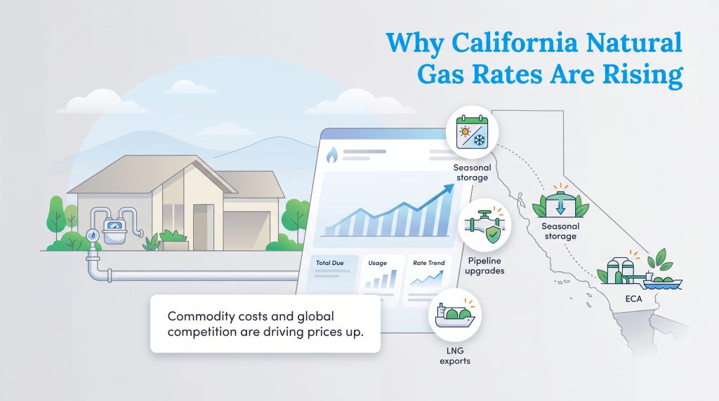 Infographic illustrating reasons for rising California natural gas rates, including seasonal storage, pipeline upgrades, and LNG exports.