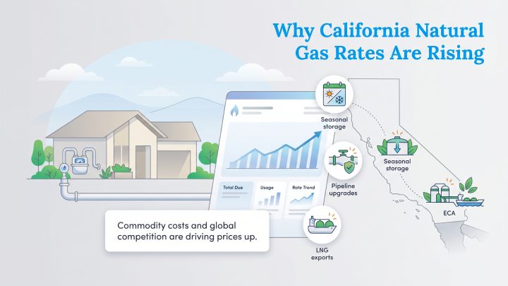 Infographic illustrating reasons for rising California natural gas rates, including seasonal storage, pipeline upgrades, and LNG exports.