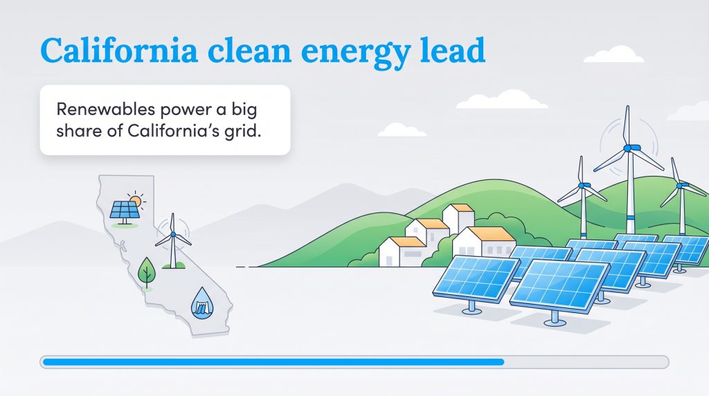 Illustration of solar and wind farms powering California and a map highlighting renewable sources.