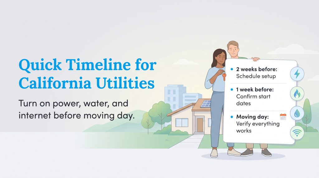 Illustration of a couple and a timeline checklist for setting up utilities in California.