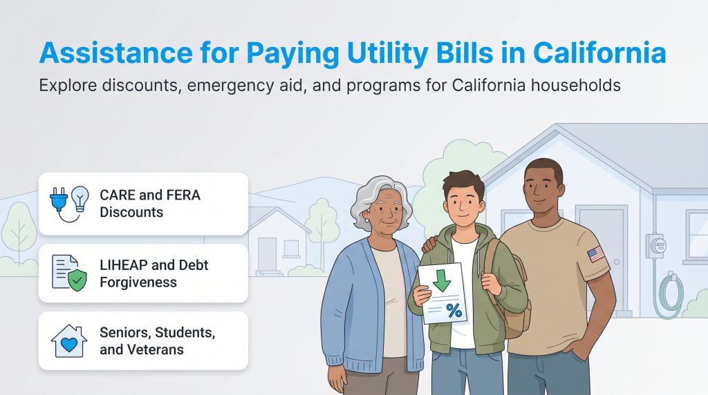 Infographic detailing utility bill assistance in California for families, seniors, students, and veterans, with program examples.