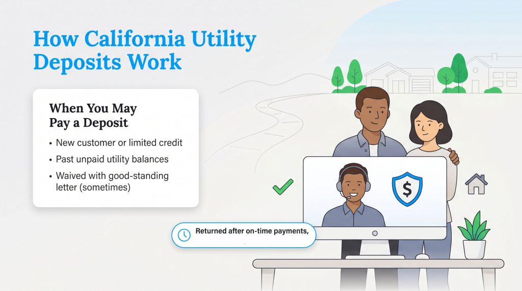 Infographic on California utility deposits: reasons for requiring them, potential waivers, and return policies.