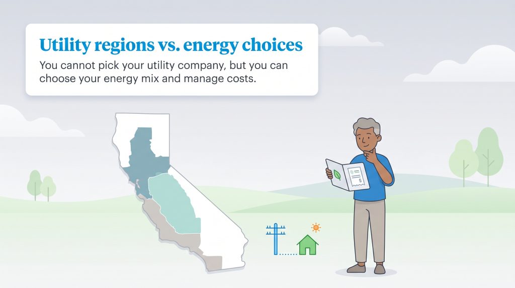 Man compares energy choices on a bill next to a map of California's utility regions.