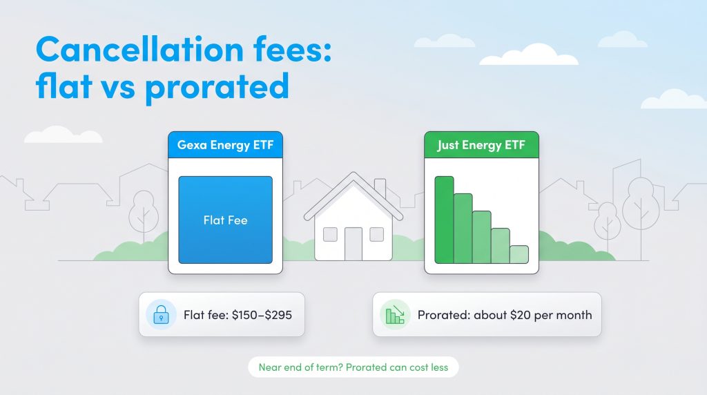 Infographic compares Gexa's flat $150-$295 cancellation fee to Just Energy's prorated $20/month fee.