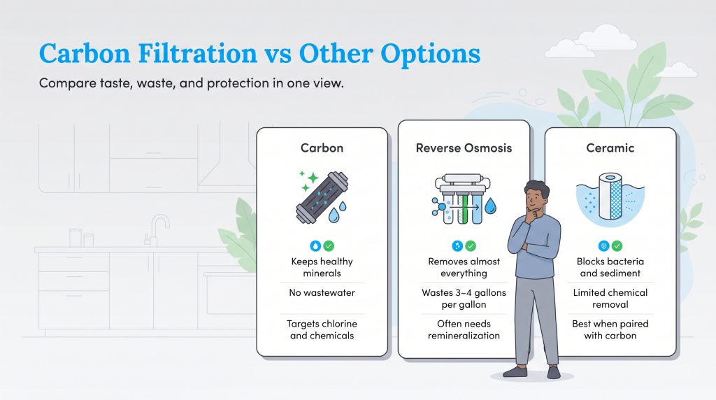 Infographic comparing carbon, reverse osmosis, and ceramic water filters by taste, waste, and protection.