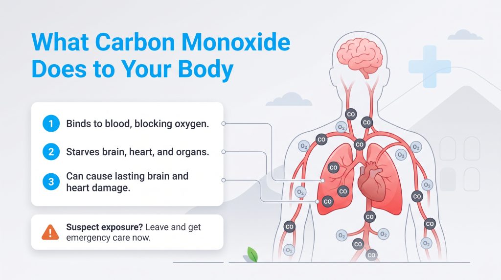Infographic showing carbon monoxide blocking oxygen in blood, starving the brain, heart, and organs.