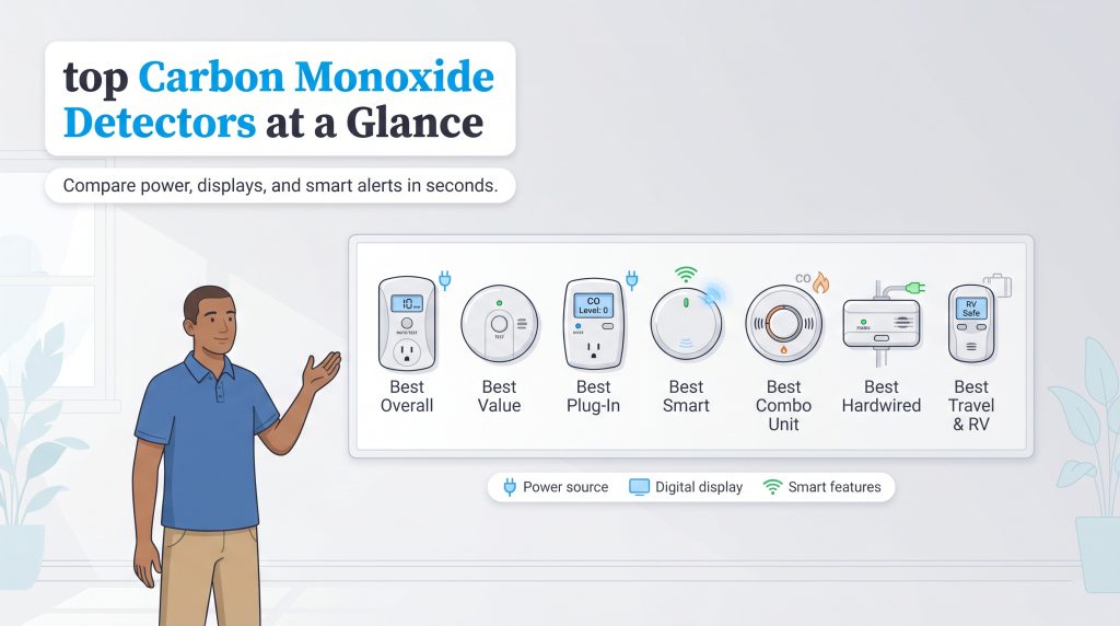 A man gestures to a chart comparing features of seven top carbon monoxide detectors.