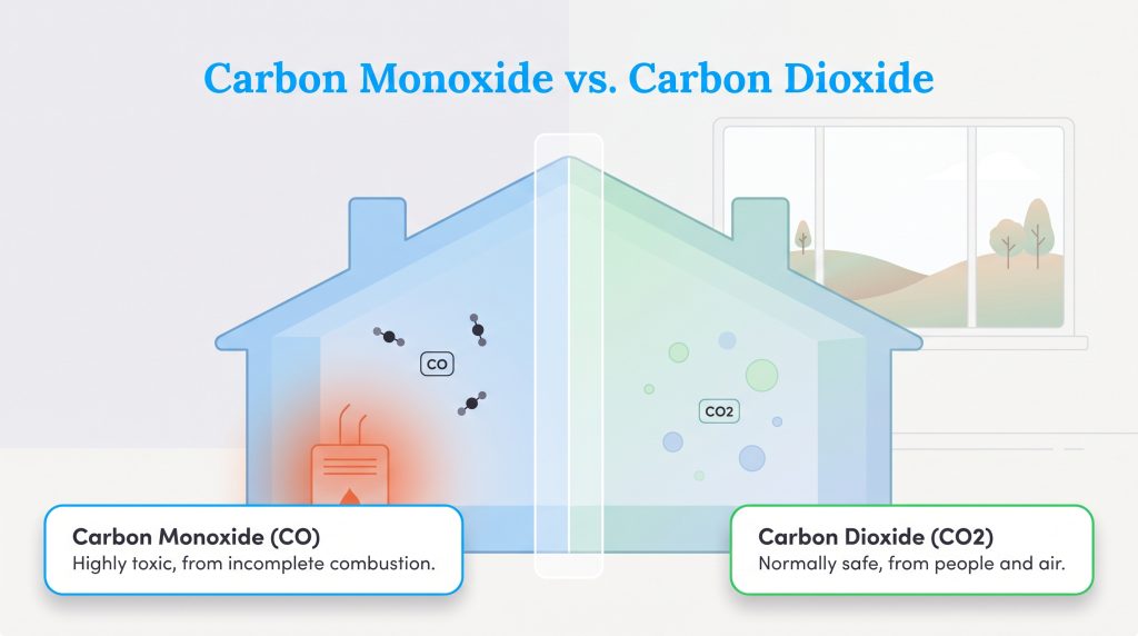 Split-house diagram showing toxic carbon monoxide (CO) vs normally safe carbon dioxide (CO2).