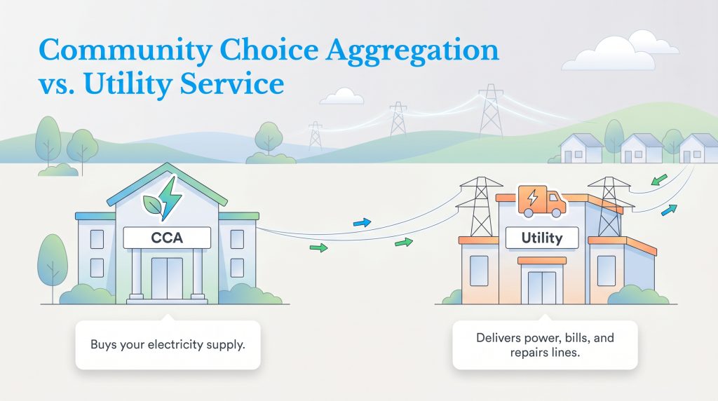 Diagram showing CCA buys electricity, while Utility delivers power, handles billing, and repairs.