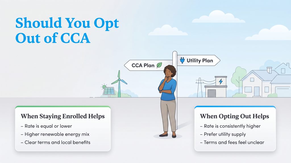 Infographic showing a person deciding between a CCA Plan and a Utility Plan, with reasons for each.