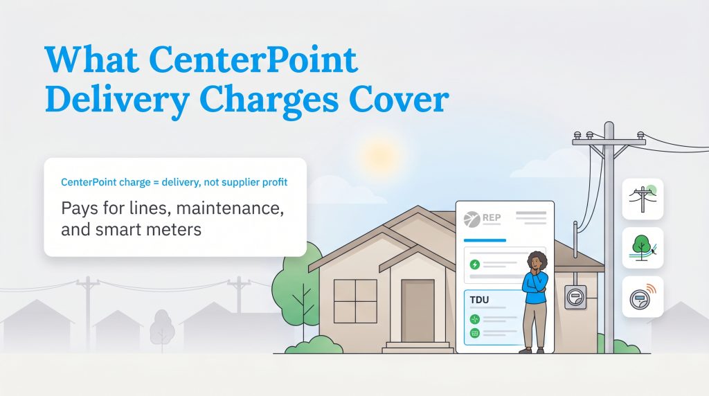 Illustration showing CenterPoint delivery charges pay for power lines, maintenance, and smart meters.