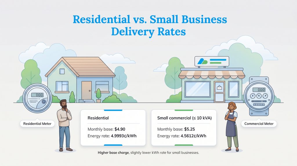 Small business utility rates have higher base charges but lower kWh rates than residential rates.