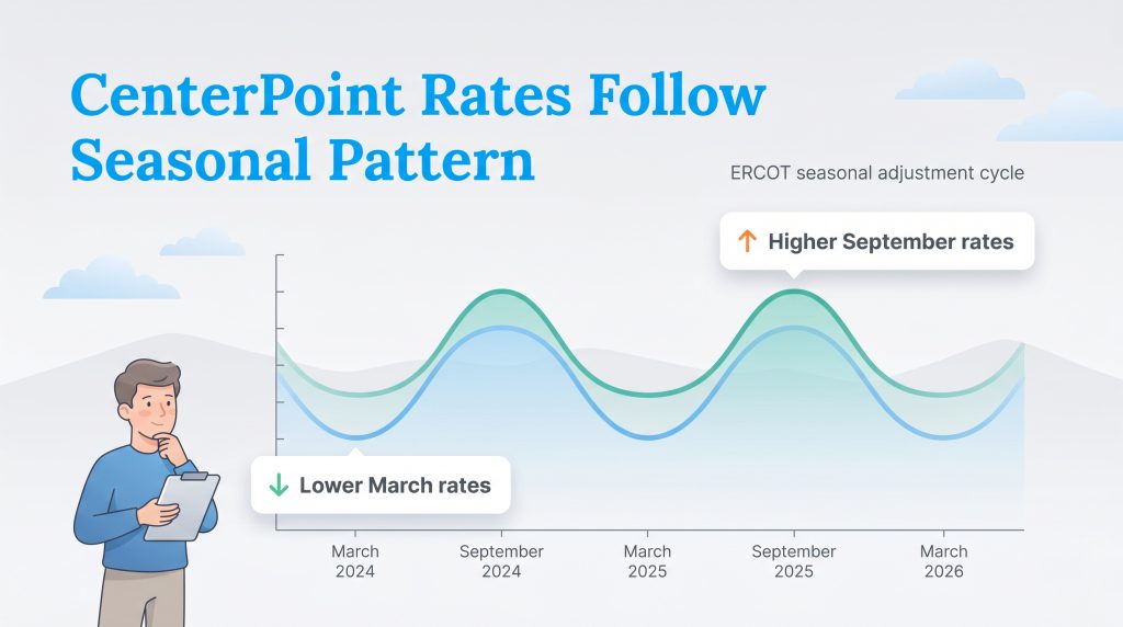A line graph showing CenterPoint energy rates with peaks labeled Higher September rates and troughs labeled Lower March rates.