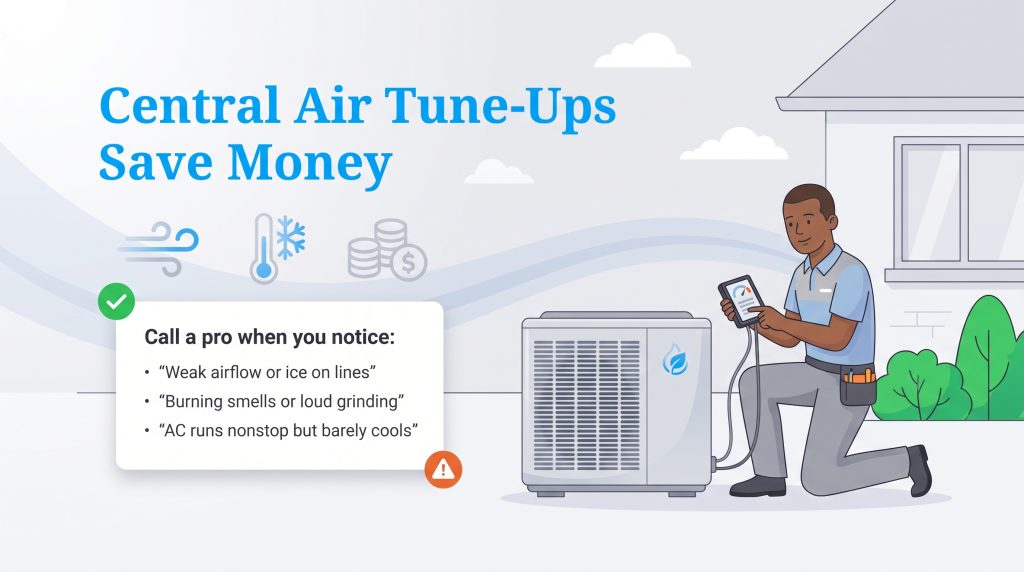 Infographic: A technician checks an AC unit; text lists signs to call a professional, such as weak airflow.
