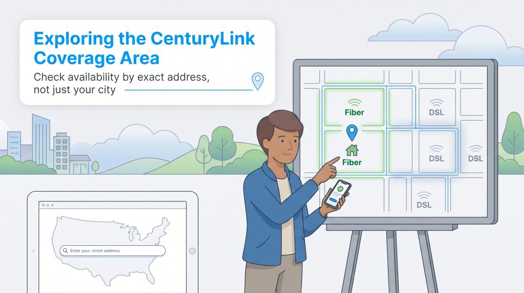 A man points to a map showing varying Fiber and DSL coverage in different neighborhood blocks.