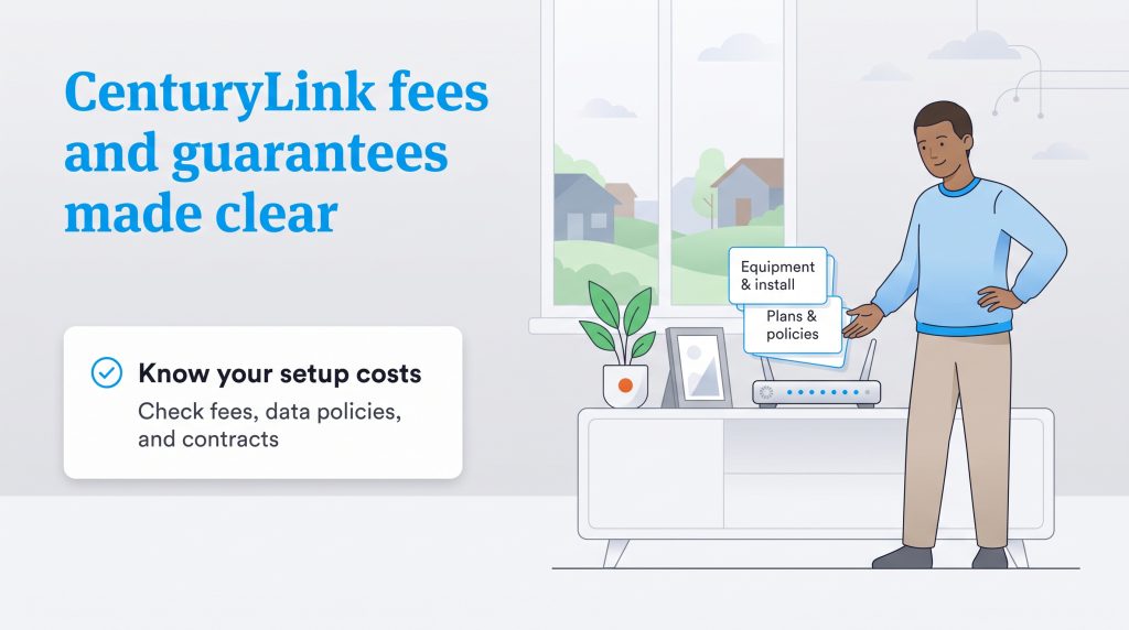 Man next to a router and text boxes about CenturyLink equipment, plans, and checking setup costs.