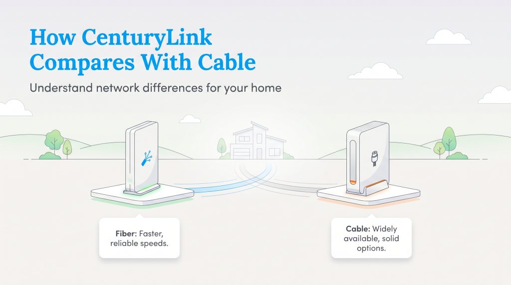 Comparison graphic showing fiber internet as faster and reliable, and cable internet as widely available.