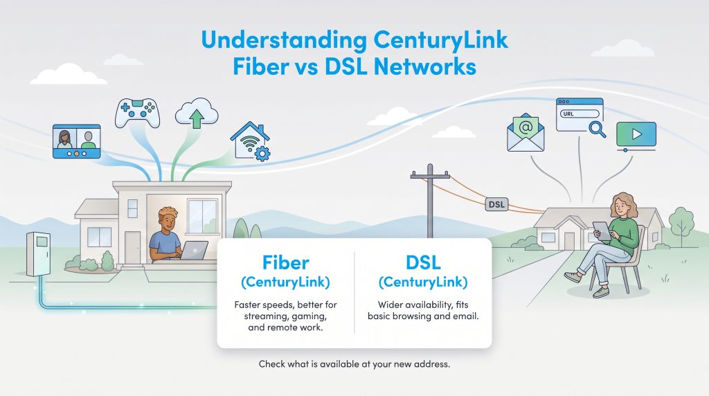 Illustration comparing CenturyLink Fiber and DSL internet networks and their use cases.