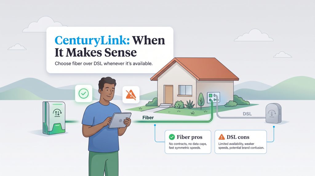 Illustration comparing CenturyLink's fiber internet benefits with its DSL drawbacks.