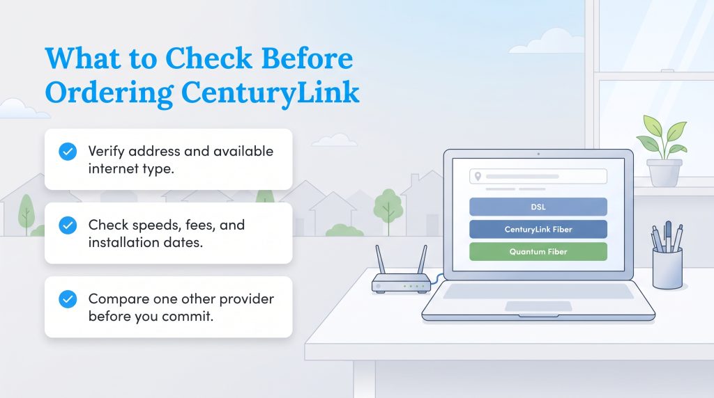 Infographic listing three steps to check before ordering CenturyLink internet service.