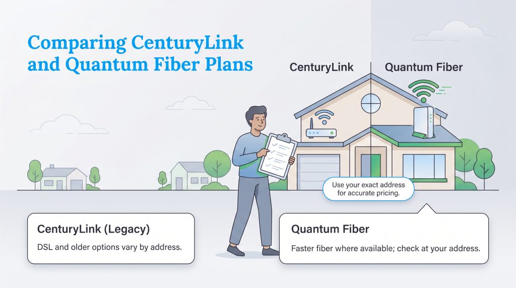 Infographic illustrating the difference between CenturyLink (Legacy) and Quantum Fiber internet plans.