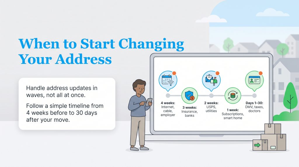 Infographic timeline showing when to notify different entities of a change of address before and after moving.