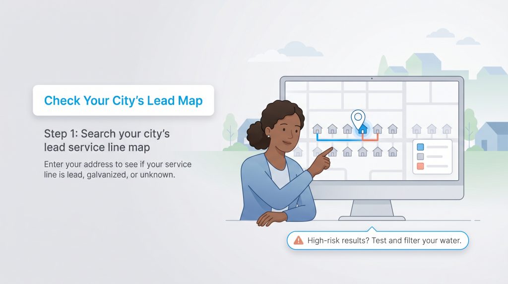 Woman points to computer map infographic illustrating how to search a city's lead service line inventory.