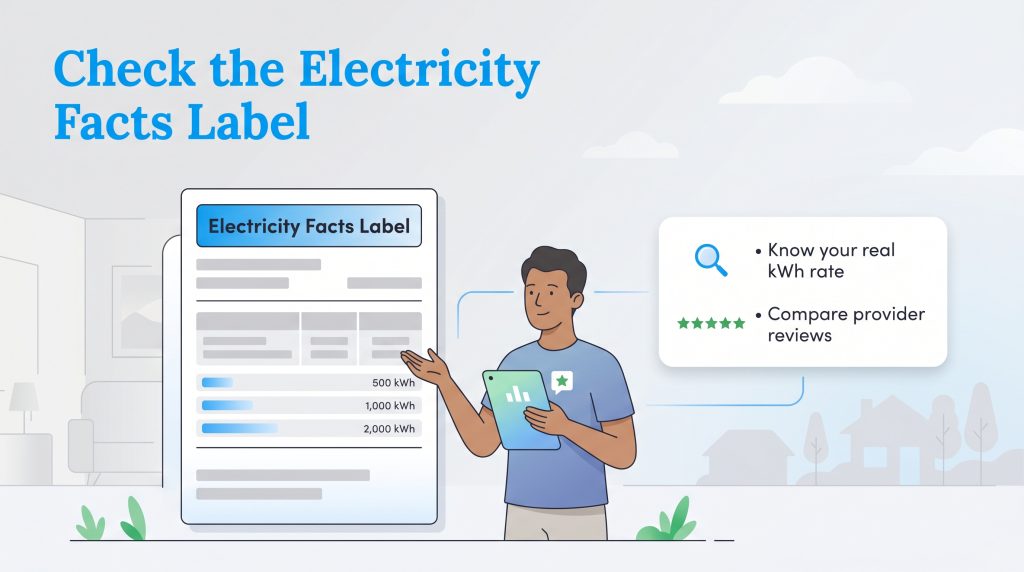 A man examines an Electricity Facts Label document to find real kWh rates and compare provider reviews.