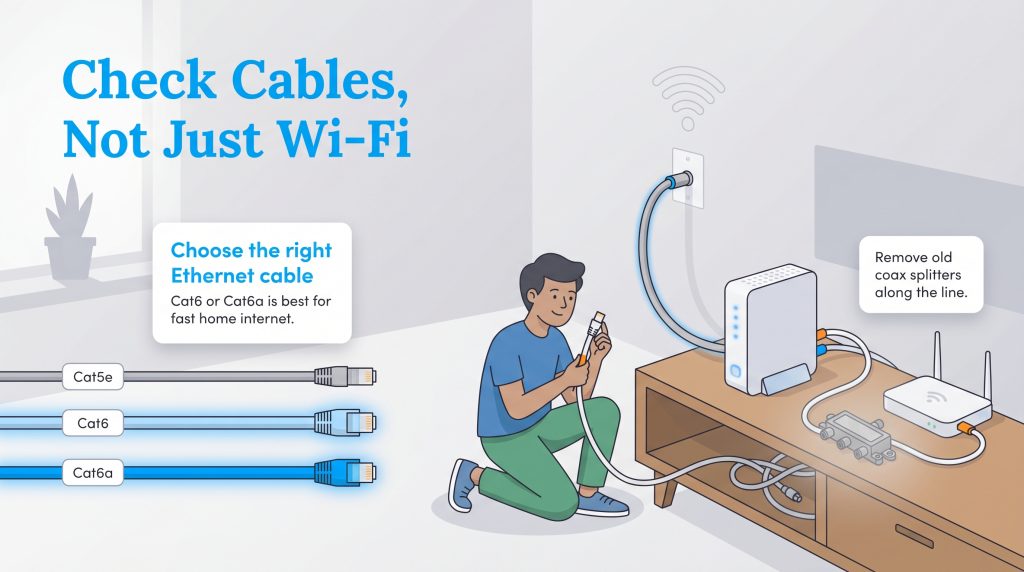 Illustration of a person checking Ethernet cables and removing coaxial splitters for better internet.
