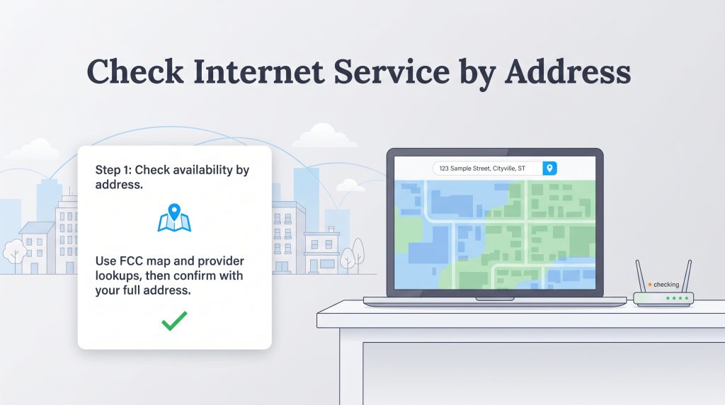 A laptop displays a map address search to verify internet service availability as the first step.