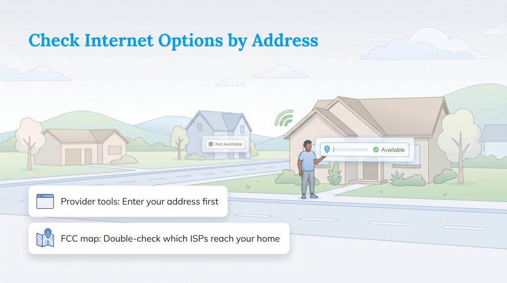 Illustration showing a person checking internet availability at a house, with 'Available' and 'Not Available' statuses shown for different locations, and labels for Provider tools and FCC map.