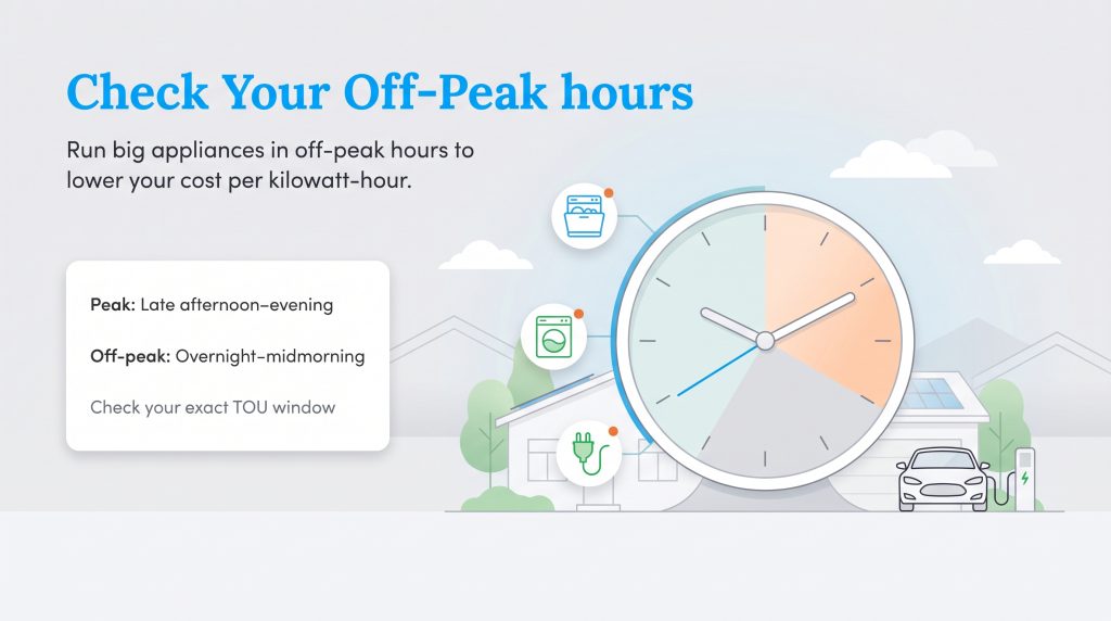 Infographic with a clock and text advising to run appliances during off-peak hours to save money.