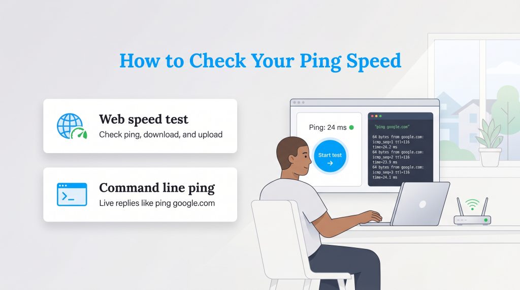 An infographic titled How to Check Your Ping Speed, illustrating both web-based speed tests and command line ping commands for checking network latency.