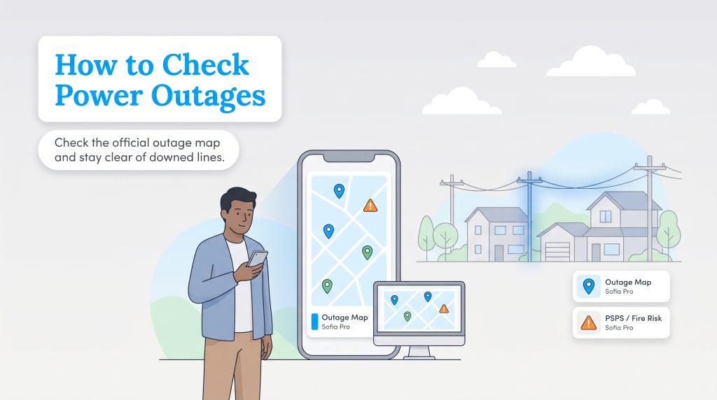 Infographic guide on how to check power outages using official maps on devices.