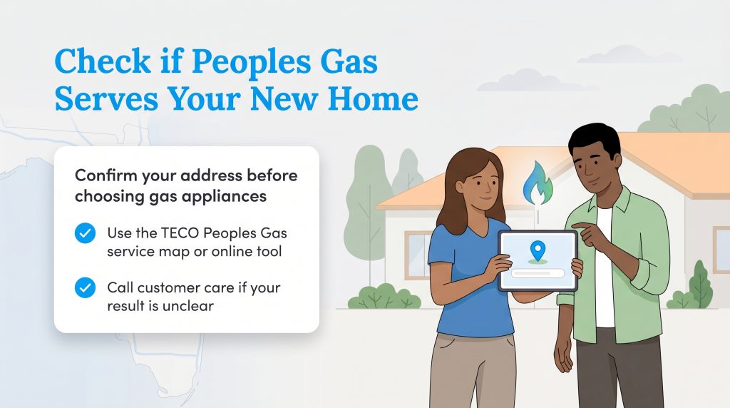 Illustration of two people using a tablet to confirm TECO Peoples Gas service for a new home.