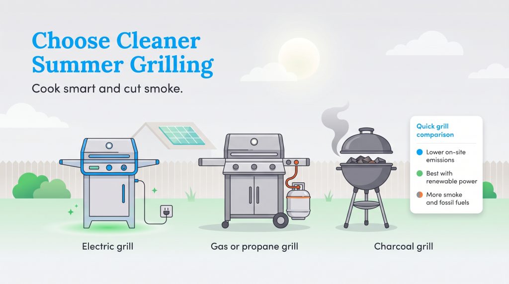 Illustration showing electric grills are cleaner than gas or charcoal grills regarding emissions.