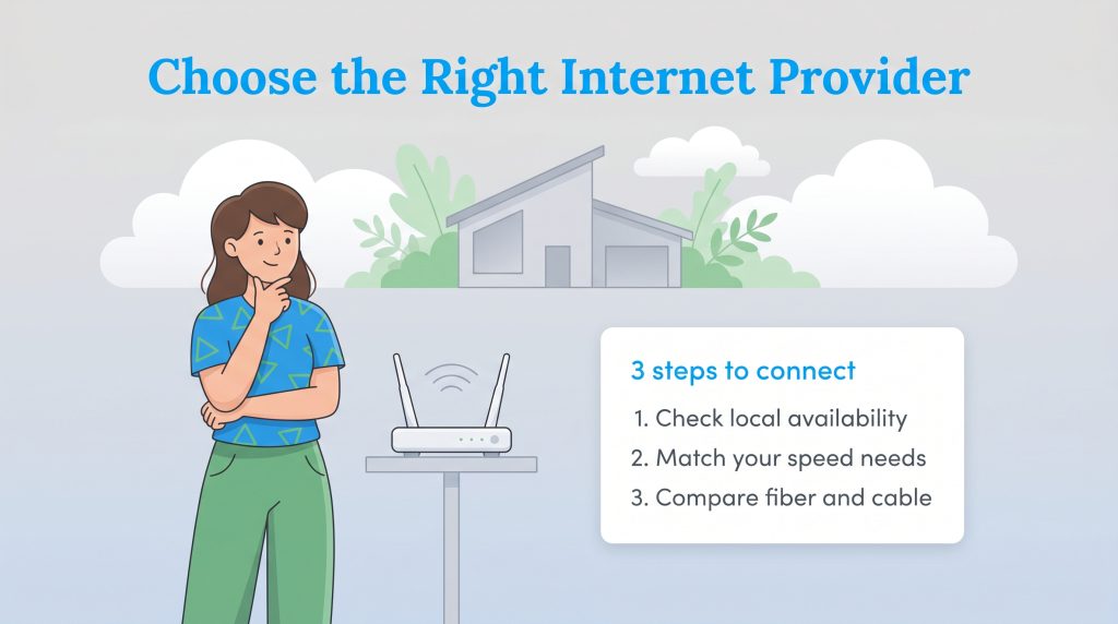 Illustration of a woman, a Wi-Fi router, and a list of 3 steps to connect: check availability, match speed needs, and compare fiber and cable.