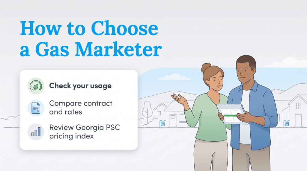 A couple uses a tablet to follow steps for choosing a gas marketer, including checking usage and reviewing the Georgia PSC pricing index.