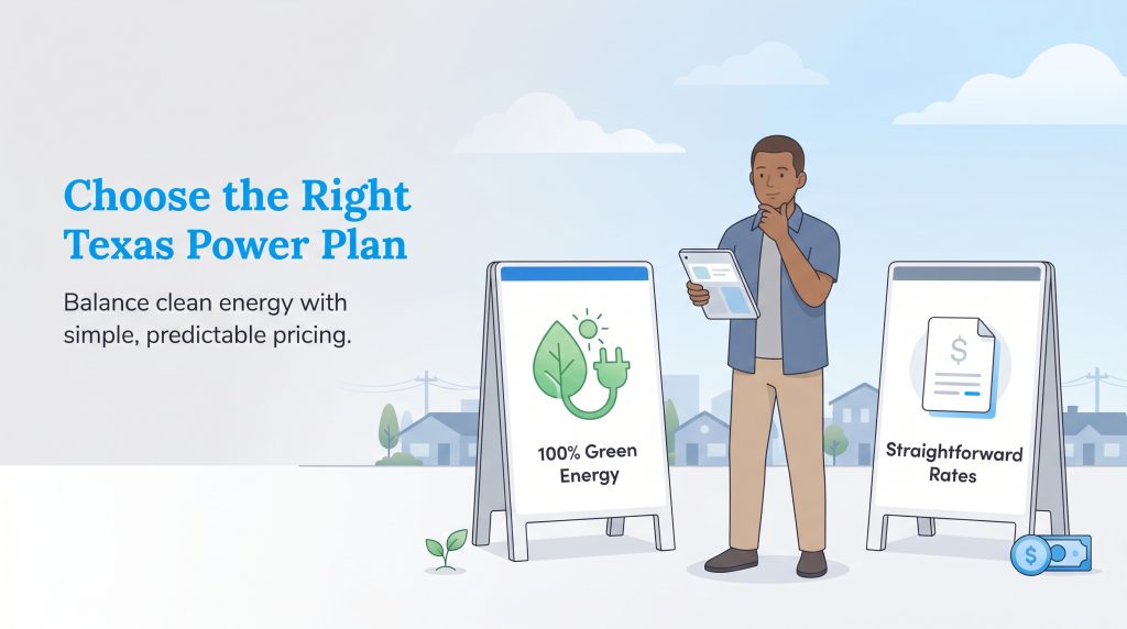An illustration of a man comparing signs for 100% Green Energy vs Straightforward Rates.