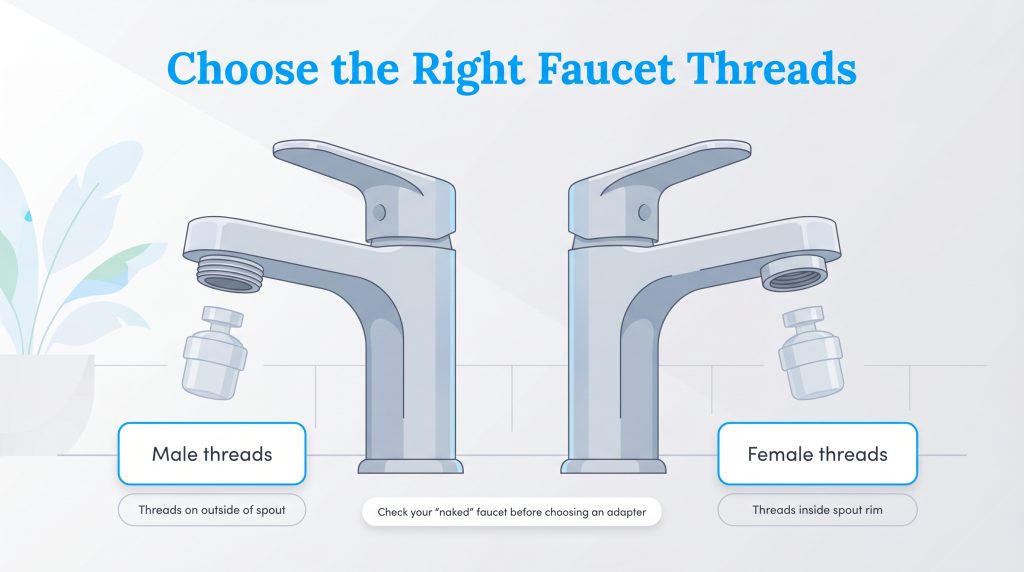 Diagram comparing a faucet with male threads on the outside to one with female threads on the inside.