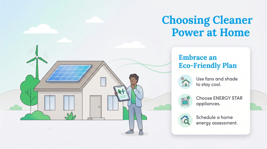 Illustration of a man by a house with solar panels and a wind turbine, next to a list of eco-friendly tips.