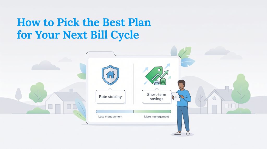 Infographic comparing energy plans with rate stability versus short-term savings.
