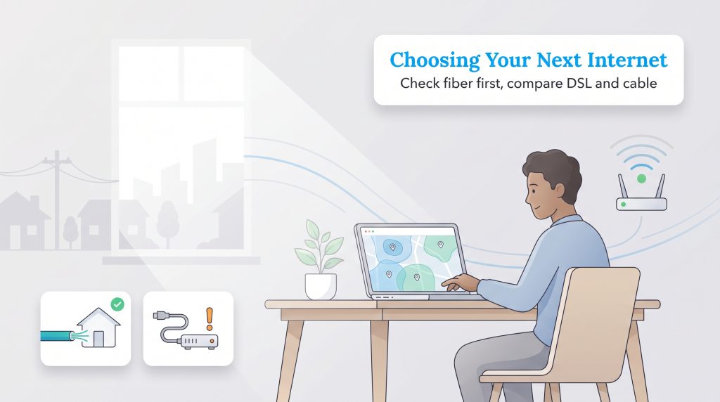 A man on a laptop checks an internet coverage map, comparing fiber and DSL/cable options.