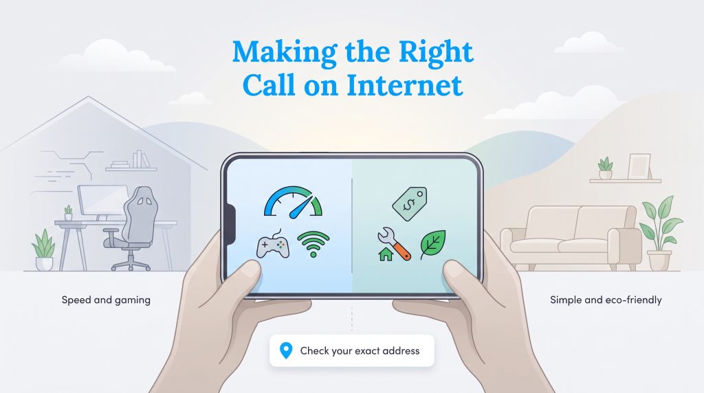 Hands hold a phone comparing internet for speed and gaming against simple, eco-friendly options.