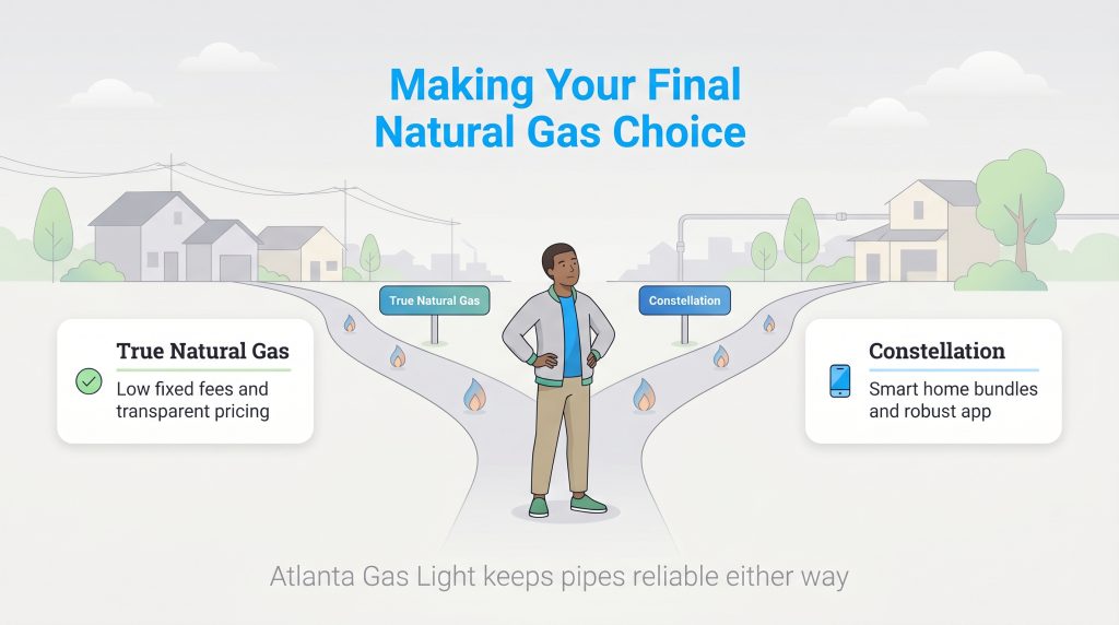 A man stands at a fork in the road deciding between True Natural Gas and Constellation providers.