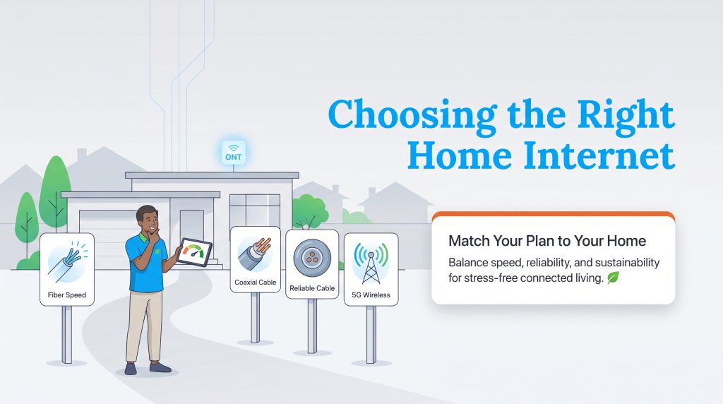 Illustration of a man choosing between fiber, coaxial cable, and 5G wireless home internet options.