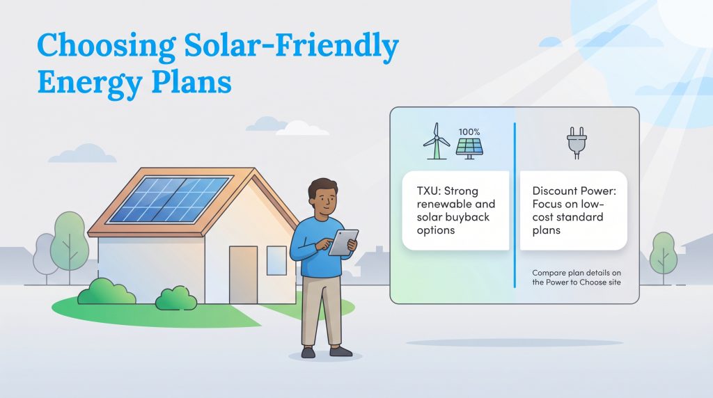 A person with a tablet compares TXU's 100% renewable options with Discount Power's low-cost plans.