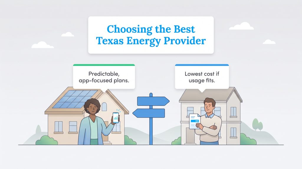 Illustration comparing predictable, app-based energy plans with lowest cost plans if usage fits.